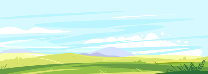 Fototapeta na wymiar Big panorama of fields and meadows, summer countryside with green hills, summer sunny glades with field grasses and blue sky, travel concept illustration