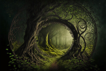 Celtic ancient forest. Sacred forest of the druids. AI generation