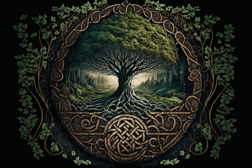 Celtic ancient forest. Sacred forest of the druids. AI generation - obrazy, fototapety, plakaty