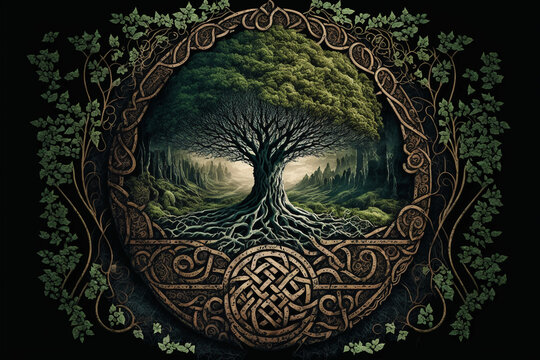 Celtic ancient forest. Sacred forest of the druids. AI generation