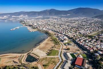 Aerial view of Didim Akbük and city center. Aydin Turkey