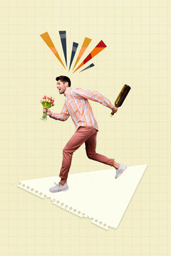 Creative photo 3d collage artwork poster postcard of funky happy man going congratulate his girlfriend isolated on painting background