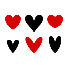 Set of different heart icons. Red, black silhouette. Front view. Vector simple flat graphic illustration. Isolated object on a white background. Isolate.