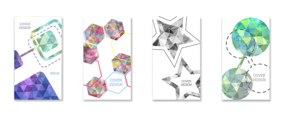 Fototapeta premium Cover design. Set of 4 covers. Imitation of crumpled paper. Unusual bright abstract background for magazine, book, splash, banner, vector. Imitation of crumpled paper