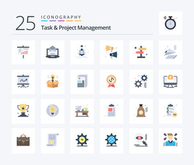 Task And Project Management 25 Flat Color icon pack including airplane. navigation. rocket. direction. speaker
