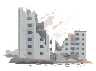 Eastern European destroyed buildings between the ruins and concrete, war destruction concept illustration isolated on white background, destroyed residential neighborhood landscape