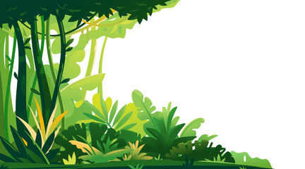Fototapeta Wild jungle forest with trees, bushes and lianas on white background, decorative composition of jungle plants on one side, dense vegetation of the jungle, beginning of the topical forest obraz