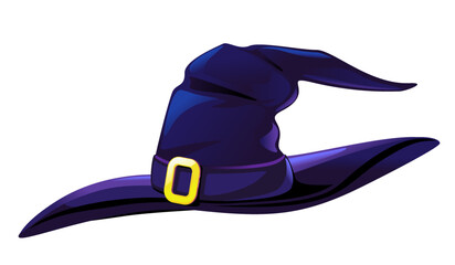 One cartoon witch hat with golden buckle in side view isolated illustration, Halloween accessory