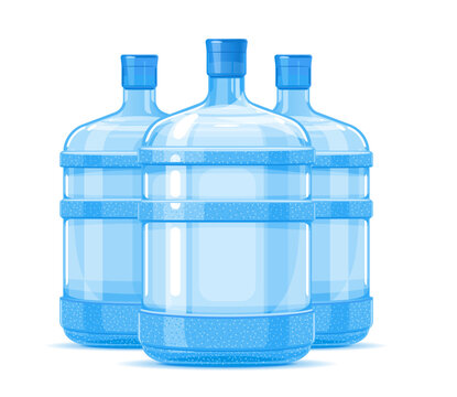 Group of tree five gallon big plastic water bottle containers quality illustration standing on white background, water delivery service of fresh purified water