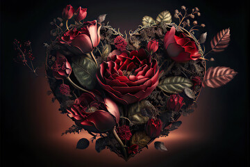 Beautiful heart with red roses and leaves on a dark background, love, valentine, Generative AI