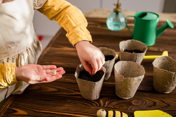 Seeds in a child's hand. Help mom plant seeds in peat pots. Green watering can, shovel and peat...