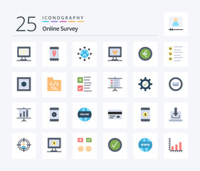 Online Survey 25 Flat Color icon pack including format. euro. global. coin. business