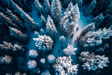 Fototapeta premium Snow covered forest trees, aerial overhead view. Generative AI