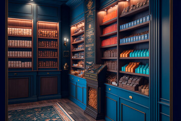 Tobacco shop interior. Fictitious text, logos and labels. Generative AI