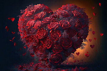 Beautiful heart of red roses on a glowing background, love, valentine, Generative AI