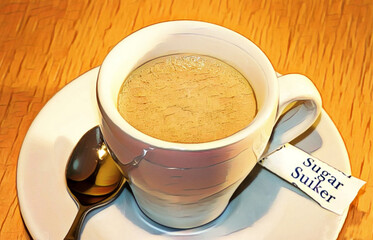 an espresso with saucer and spoon on table as an illustration