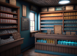 Obraz premium Tobacco shop interior. Fictitious text, logos and labels. Generative AI