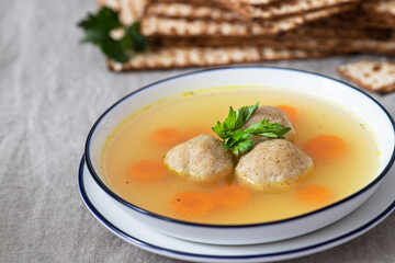 Delicious Matzo ball soup, Jewish traditional cuisine	