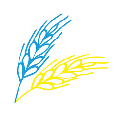 Blue and yellow Spikelet  of wheat in doodle style. Simple black and white sketch of wheat, barley or rye stalk for bakery products, flour, package.Vector illustration