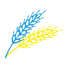 Blue and yellow Spikelet  of wheat in doodle style. Simple black and white sketch of wheat, barley or rye stalk for bakery products, flour, package.Vector illustration