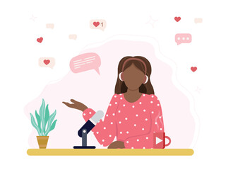 Woman recording podcast. Podcast concept in flat style. Female talking with the audience