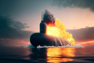 Nuclear submarine on fire, attack, explosion, accident. Generative AI - obrazy, fototapety, plakaty