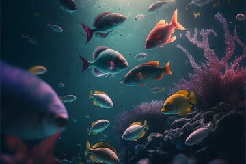an underwater scene with a variety of colorful fish Generated IA