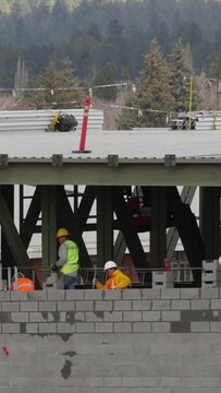 Vertical Video Construction Workers Build Wall Timelapse