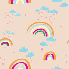 abstract rainbow background. Seamless vector with heartly rain on the rainbow. Cute design for children textile 