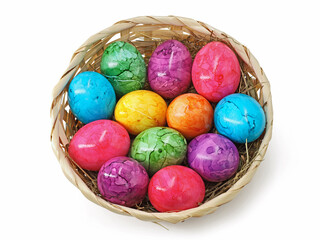top view of colorful Easter eggs in the nest isolated on white background