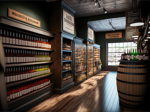 Liquor Store Interior. Fictitious Text And Labels. Generative AI