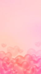 Fototapeta na wymiar Background for Valentine's Day or Mother's Day. Pink vertical background with transparent hearts. Flying voluminous hearts.