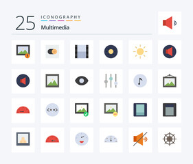 Multimedia 25 Flat Color icon pack including eye. photo. video. image. speaker