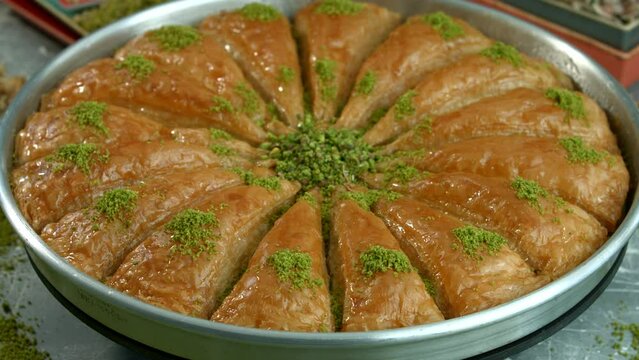 Traditional turkish baklava pistachio pastry. Dilberdudagi, ozel kesim baklava, cikolatali baklava, fistikli baklava, katmer, fistikli kadayif, kattafi, fistik sarma, soguk baklava, midye baklava, cev