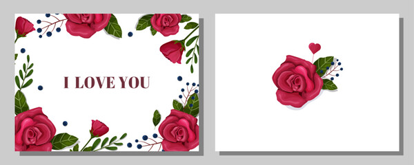 Valentine's Day. Postcard, banner, printable template. Roses, leaves, flowers, congratulations, flowers. Vector.	