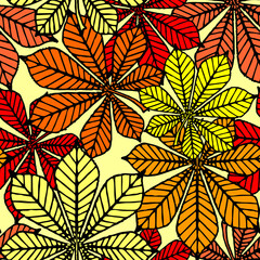 Fototapeta na wymiar bright autumn seamless pattern of chestnut yellow and red leaves on a yellow background, texture, design