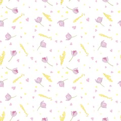 Seamless pattern with pink tulips and yellow mimosa sprigs, on a white background, digital drawing.