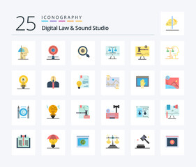 Digital Law And Sound Studio 25 Flat Color icon pack including law. copyright. owner. copy right. tecnology