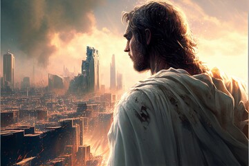 Jesus Christ looking at city in ruin, Generative AI