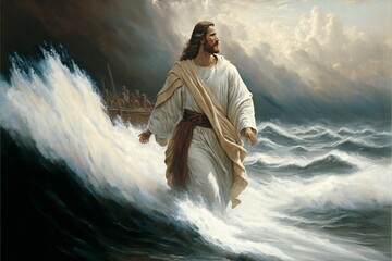 Jesus walking on the sea. AI - obrazy, fototapety, plakaty