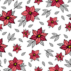 Summer botanical pattern with magenta clematis flowers and outline leaves