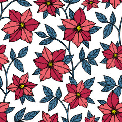 Summer seamless pattern with cute blooming magenta clematis flowers