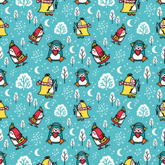 Funny winter pattern with cute baby penguin animals playing in snowy forest