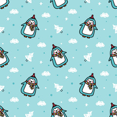 Funny winter pattern with cute baby penguins in snowy forest. Seamless vector background for kids textile, cover, wrapping paper