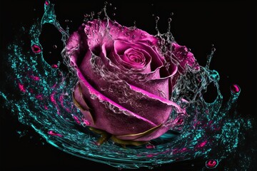 rose flower with water splash and drops , generative ai