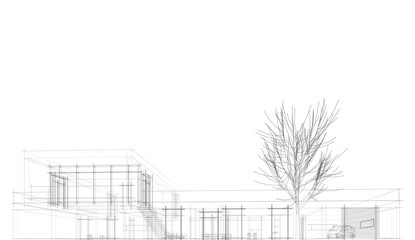 Modern house building architectural sketch 3d illustration