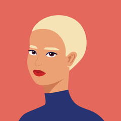 Portrait of a beautiful half turn woman. Young blonde girl with short hair. Fashion and beauty. Female. Avatar for social networks. Bright art. Flat style