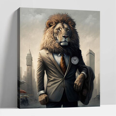lion, lion on the roof, rich lion, business lion, business man,businessman with clock, lion art, business art ,