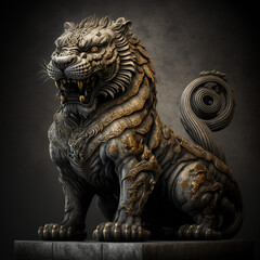 lion on black, lion statue, Tiger dragon statue in chinese temple, gray background,