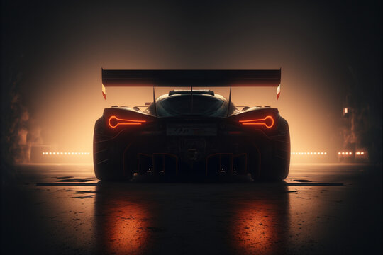 Back view silhouette of a modern generic sports racing car standing in a dark garage , Generative AI